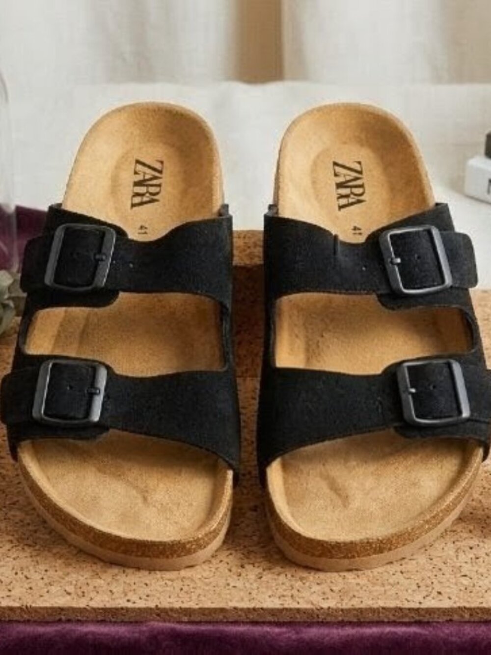 NWT Zara Black Suede Double Strap Buckle Sandals 41